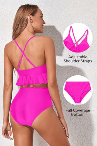 Image of Women Ruffle Bikini Set High Waisted Tummy Control Two Piece Swimsuits | Ruffle,High Waisted,Tummy Control,Removable Bra Pads,Adjustable Shoulder Straps,Full Coverage