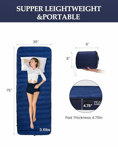 Image of Inflatable Sleeping Pad for Camping, Extra-Thick 4.75 inch Single Air Mattress with Soft Velvet Top, Machine Washable, Family Lightweight 4-Season Pad for Traveling & Hiking, Blue