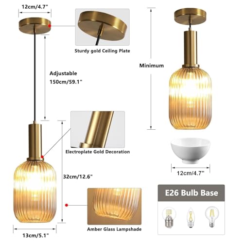 KCO Lighting 1-Light Amber Glass Ceiling Light Fixture Vintage Striped Glass Pendant Light Farmhouse Cylinder Pendant Light Gold Mini Kitchen Island Pendant Lighting Single Hanging Light by KCO - Used condition - US$59.25