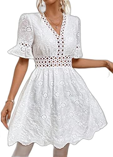 SHEIN Frenchy Eyelet Embroidery Flounce Sleeve Scallop Trim Dress,  M1501902, White, S: Buy Online at Best Price in Egypt