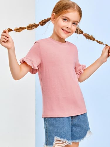 Haloumoing Girls Ruffle Short Sleeve T Shirts Crewneck Plain Casual Summer Tops Blouse Tees 5-14 Years4