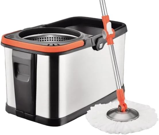360ยฐ Spin Mop and Stainless Steel Bucket Set, Mop and Buckets Sets with 2 Thick Reusable Microfibre Pads, Wet and Dry Flat Floor Mops for Laminate Hardwood Tile Floor Cleaning - Black