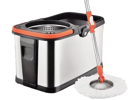 MY HOMIE 360° Spin Mop and Stainless Steel Bucket Set, Mop and Buckets Sets with 2 Thick Reusable Microfibre Pads, Wet and Dry Flat Floor Mops for Laminate Hardwood Tile Floor Cleaning - Black