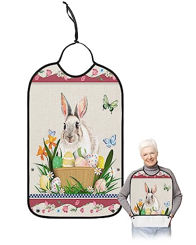 Spring Easter Adult Bibs for Eating, Waterproof Bibs with Food Catcher & Adjustable Snap Closure, Tulip Bunny Colorful Eggs Easter Basket Washable Clothing Protectors Adult Bibs for Elderly Women/Men