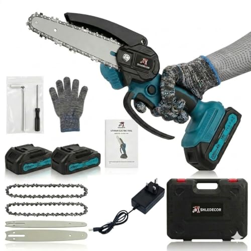 SHLEDECOR Mini Chainsaw Cordless 8 Inch Electric Power Chain Saw with 2 Batteries & 2 Chains 4000w Small lightweight with Safety Lock for Tree Trimming Garden Wood Cutting Gift for Men Dad Husband
