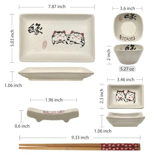 Image of 8 pcs Japanese Sushi Plate Sets Serving Platters and Trays for Entertaining Sushi Dishes Set Plates Sushi Plates Traditional Cuisine Dinnerware Sets with Chopsticks Cat