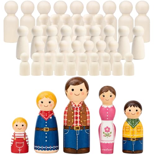 40 Piezas Muñecas de Madera, PUYUKO Peg Dolls sin Pintar en 5 Tamaños, Figuras de 30 60 mm para Pintar, Manualidades DIY, Casa de Muñecas, Belén y Decoración