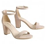 Ankis Heels for Women Open Toe Ankle Strap Chunky Heel Sandals 2.75 Inch, Nude Suede, 7 UK