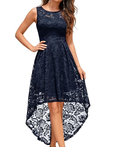 MUADRESS Wedding Guest Dress Floral Lace Hi-Lo Plus Size Cocktail Prom Dresses for Evening Party, Navy, XXXL