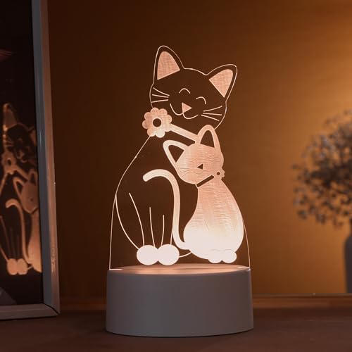 Luminária led 3d, abajur de mesa, gatos abraçados