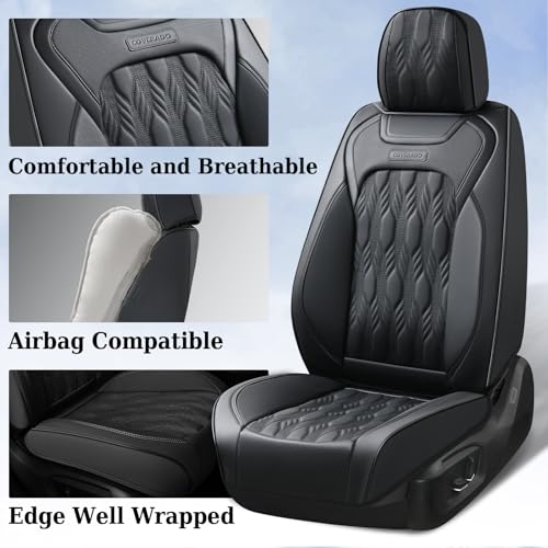 Image of Coverado Car Seat Cover, Black Luxury Seat Cover for Cars, Premium Nappa Leather Seat Covers Full Set with Embossed Pattern, Waterproof Car Seat Protector Car Seat Cushions Universal Fit Most Vehicle