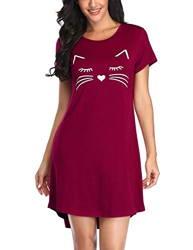 Eishopeer Nightgowns For Women Short Sleeve Sleep Shirt Cat Print Night Shirt Cotton Sleepwear Soft Night Dress Wine Red #TOP11