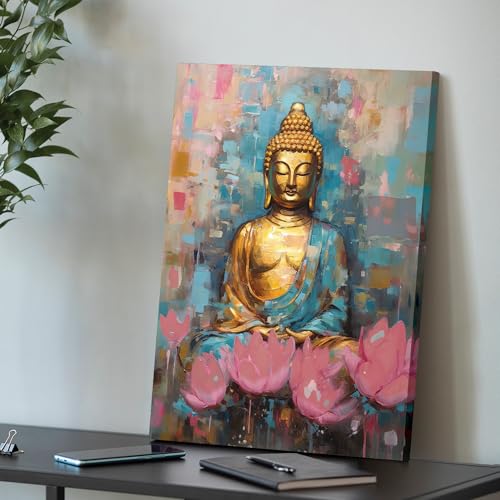 Image of PAINTINGMANTRA Abstract Buddha Painting for Living Room, Golden Buddha wall Art Painting for living room, Bedroom, office and Meditation Room, Canvas, 12x16 Inch