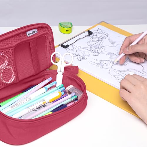 Image of SPACEMATE Large Pencil Case Pouch, Zipper Pencil Box for Kids, Girls & Boys | 1800mL Big Capacity, Heavy-Duty Canvas, School Supplies Bag, Pen Organizer, Cute Preppy Aesthetic, Dark Pink