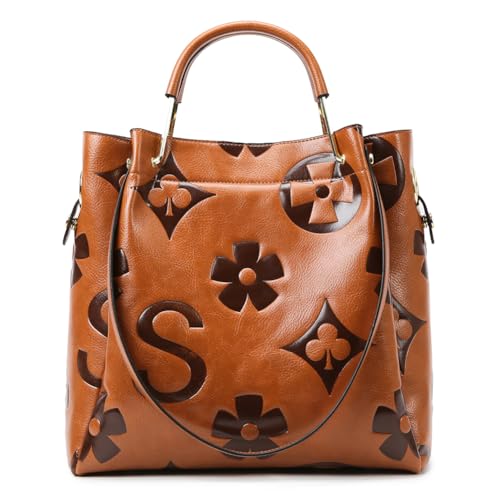 LAIQIAN Bucket Bag for Women,Embossed Leather Top Handle HandBag Large