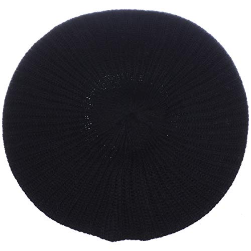 An- Womens Fall Winter Rib Knit Beret Hat With Flower (Black) #TOP2
