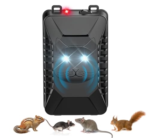 Ultrasonic Rodent & Pest Repellent, Plug-in & Battery Powered Mouse Rat Squirrel Bat Skunk Deterrent, for Car Engines, Garage, Indoor & Outdoor Use, Effective Mice Control
