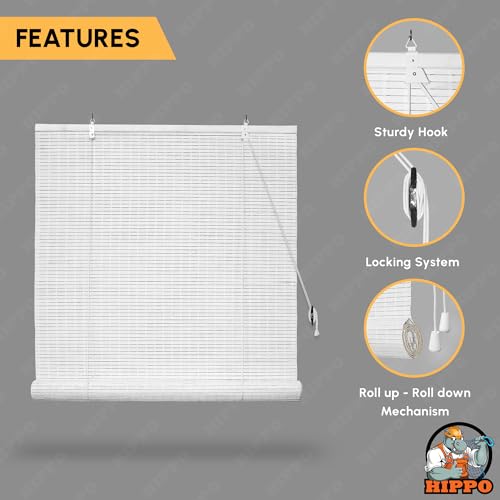 Image of HIPPO Bamboo Curtains - W-4 FT X H-7 FT Rope Mechanism Roll Up Down Indoor Bamboo Shade for Sun & Dust Protection for Home Window, Balcony, Restaurant, Hotel, Resort (White)