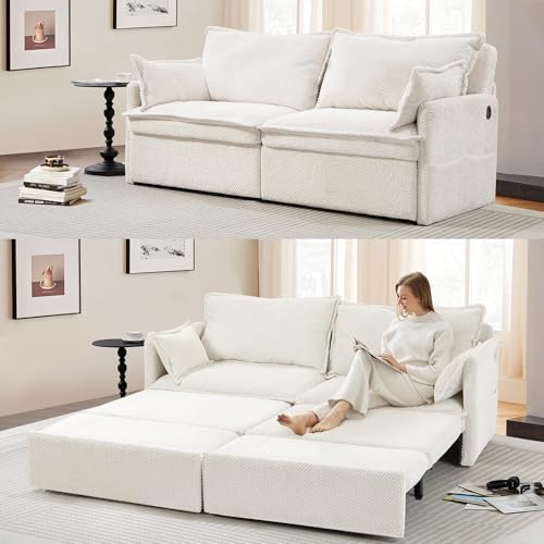 SUNWAVE 74" King Pull Out Sofa Bed - Convertible Sleeper Sofa Bed, Space Saving Corduroy Loveseat Chaise Lounge with USB Charging, Side Pockets for Living Room, Bedroom, Small Spaces (Cream, 74")