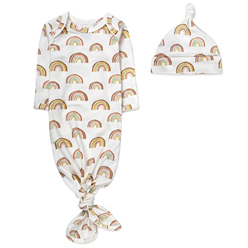 Image of Baby Girl, Boy Knotted Infant Sleeper Gown with Headband or Hat, Baby Coming Home Outfit for Boy Girl Fall Winter 0-6 Months (Radiant Rainbows)