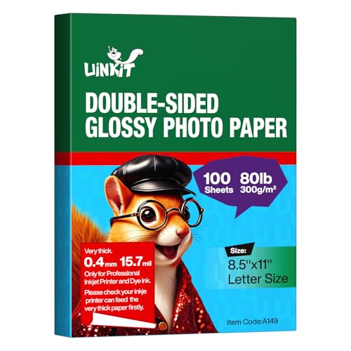 Uinkit 100 Sheets 8.5x11 Letter Size Thick Heavyweight Photo Paper Double Sided Glossy Cardstock 80LB 300Gsm 15.7Mil Brochure, Only for professional Inkjet Printer and Dye Ink (100)