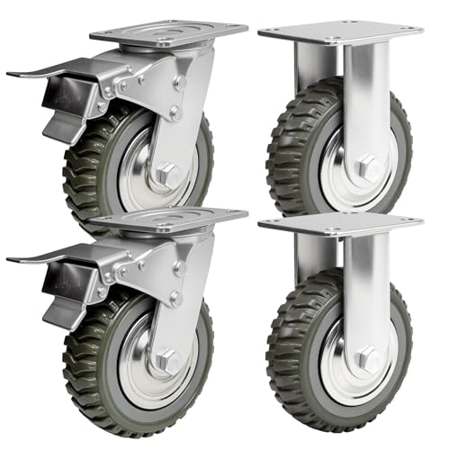 TAIMIKO 4 Pack 6 Inch Heavy Duty Castors 150mm Solid Anti-Slip Rubber Industrial Castors Load Capacity 1000Kg, 360-degree Swivel Casters Bearing Plate Caster,2 Swivel (With Brake) + 2 with Fixed