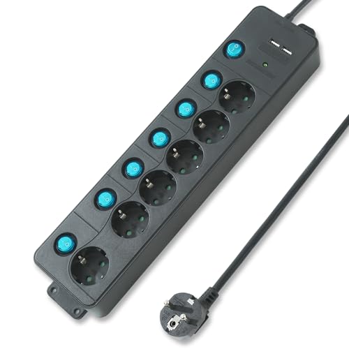 KS Mehrfachsteckdose einzeln schaltbar, Steckdosenleiste 6 Fach mit 2 USB und 12000A Überspannungsschutz und Blitzschutz Steckerleiste 3680W, Kindersicherung, 2m Kabel, Schwarz