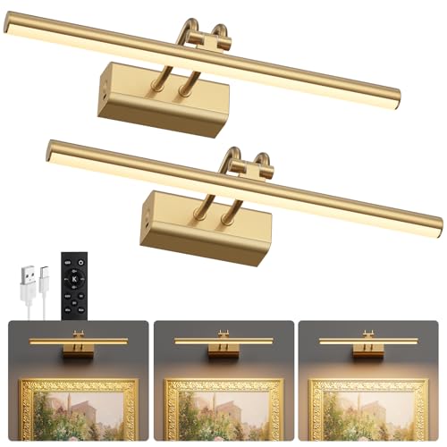 Image of Battery Operated Wall Light, Set of 2, Gold, Remote Control | 13.8'' 4000mAh Cordless,Gold Wall Light, Magnetic for Easy to Charge,Timers, Display for Gallery Living Room Bedroom