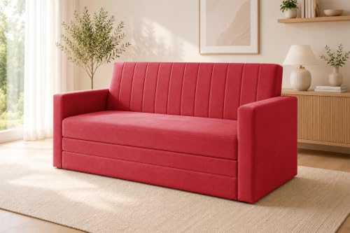 Image of Los Angeles Modern Velvet 3-Seater Sofa Cum Bed with Armrest, Multipurpose Convertible Sleeper Couch Sofa for Living Room, Bedroom & Office- Red Color