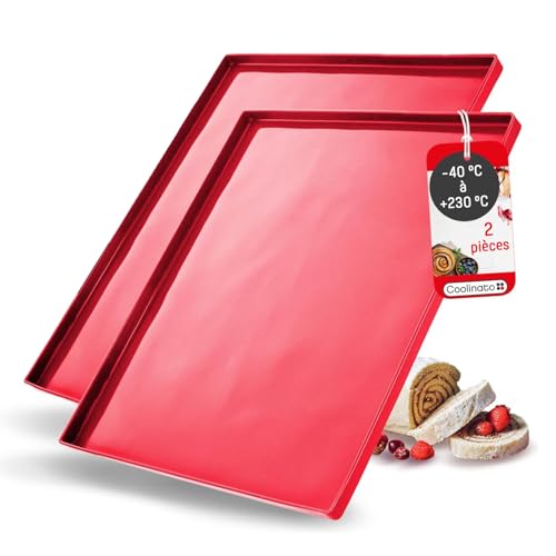 Coolinato - Set de 2 tapis de cuisson silicone platine avec rebord rouge - Plaque pour le four 36,5x27x1cm avec protection anti-débordement résistant jusqu'à 230°C & antiadhésif incl. 4 recettes