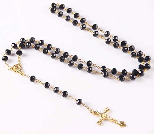 ZCN-CN Catholic Saint Virgin Mary Rosary Sparkling Mystery Crystal Necklace Jesus Crucifix Cross Pendant (Metal Color : Black)