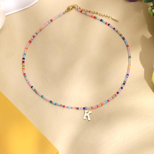 for Women Girls Letter PendantSummer Necklaces, Bohemian Beaded Necklace Colorful Beaded Initial Necklace Handmade Jewelry Gifts for Teens(K)3
