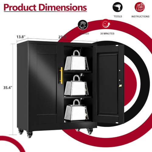 Image of Black Metal Storage Cabinet, 36 inch Steel Locking Cabinets | Small Cabinet with Doors and 2 Adjustable Shelves, Utility Cabinet, Steel Locker Organizer for Office, Home, Garage, School