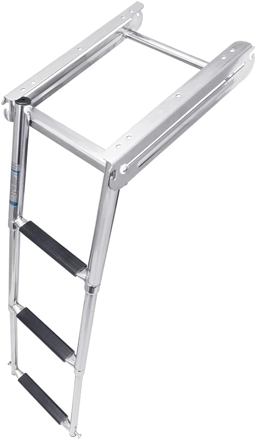 White Water - Spring Loaded 3 Step Under Platform Boat Ladder – Folding 316 Stainless Steel Flush Mount Marine Boarding Step for Swim Deck Access – Compact Retractable Design B00301UHK-316