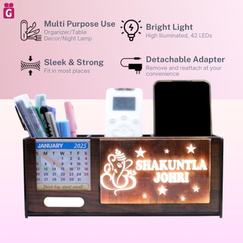 Image of Desk Organizer with LED Name Lamp | Customized Gift for Men, Women, Teachers, Doctors, Dad, Husband | Pen Holder, Table Lamp | Personalized Birthday Gift | Office Organizer - Three Box