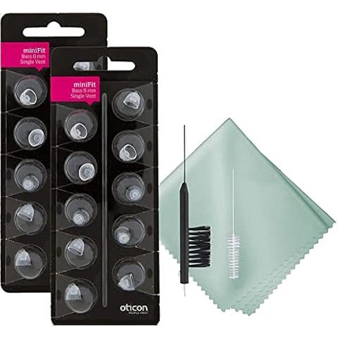 Oticon MiniFit Single Vent Bass Domes (Medium 8mm) Bundled with Puget SoundLabs Hearing Aid Cleaning Brush, Vent Cleaning Tool, and Microfiber Cleaning Cloth Kit (2 Packs) (20 Domes) Cover