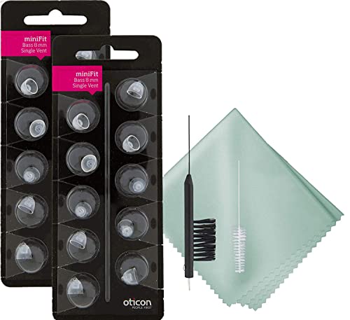 Oticon MiniFit Single Vent Bass Domes (Medium 8mm) Bundled with Puget SoundLabs Hearing Aid Cleaning Brush, Vent Cleaning Tool, 