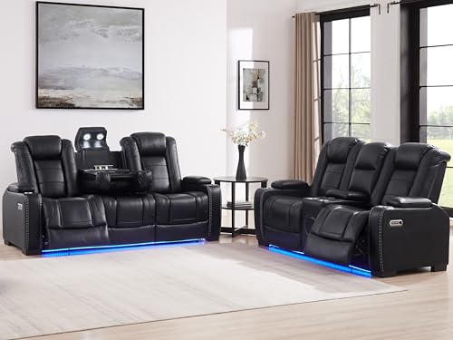 THSUPER Black Leather Power Recliner Sofa Loveseat Sets Arm