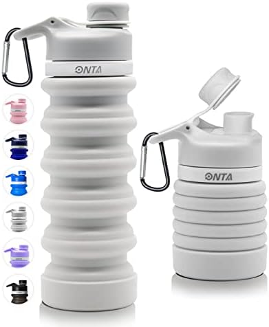 ONTA Collapsible Water Bottle- BPA Free Silicone Foldable Water Bottle for Travel,Silicone Portable Leak-Proof Travel Water Bottle 20oz, gray