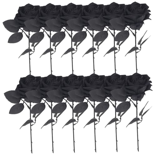BEAHING Rose Negra, 12 Piezas Rosas Negras Flores Artificiales de 20 Pulgadas de Seda Larga Flores Halloween con Hojas Rosas góticas para la Fiesta de Bodas en casa