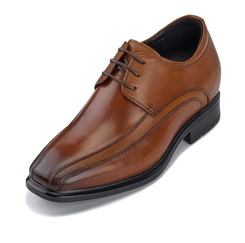 Image of CALTO Men's Invisible Height Increasing Elevator Oxfords Shoes - Brown Leather Lace-up Dress Derby - 3 Inches Taller - G60126B - Size 7.5 D(M) US
