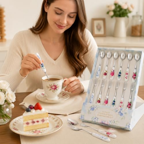 Image of Pack Stainless Steel Ceramic Handle Teaspoon Coffee Spoon Sugar Ice Cream Spoon cute kitchen accessories Stirring Soup Tableware