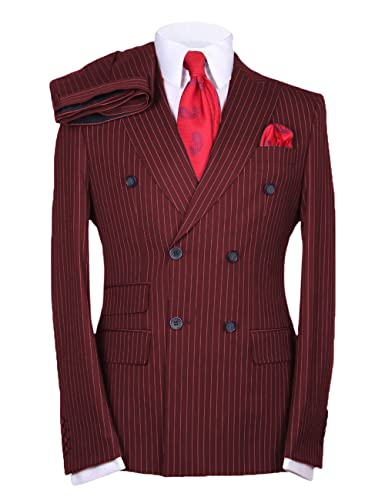 Men's Suits Slim Fit 2 Pieces Double Breasted Pinstripe Prom Tuxedos Business Blazer+Pants Working Jacket