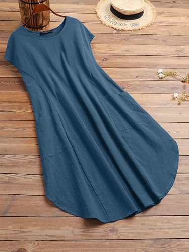 ZANZEA Women Summer Dresses Cotton Linen Dress Plus Size Short Sleeve Baggy Sundress Oversized Casual Midi Dresses with Pockets 1-Blue XXL - Image 4