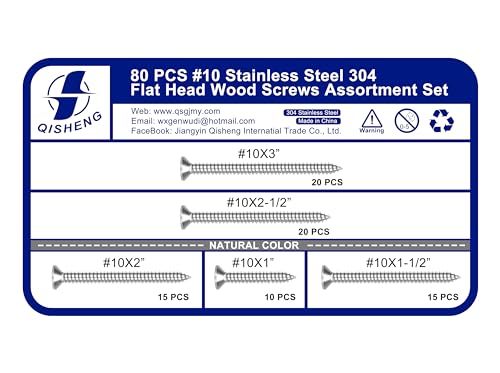 Image of QISHENG 80 PCS #10 Stainless Steel Phillips Flat Head Wood Screws Assortment Set,Stainless Steel 18-8 A2(304) Screw,Home Screw Kit