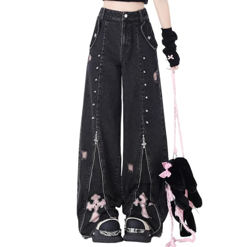 kakarin choyx Harajuku Fashion High Waist Baggy Jeans Gothic Y2K Vintage Zipper Casual Straight Leg Wide Leg Denim Pants 8 Black