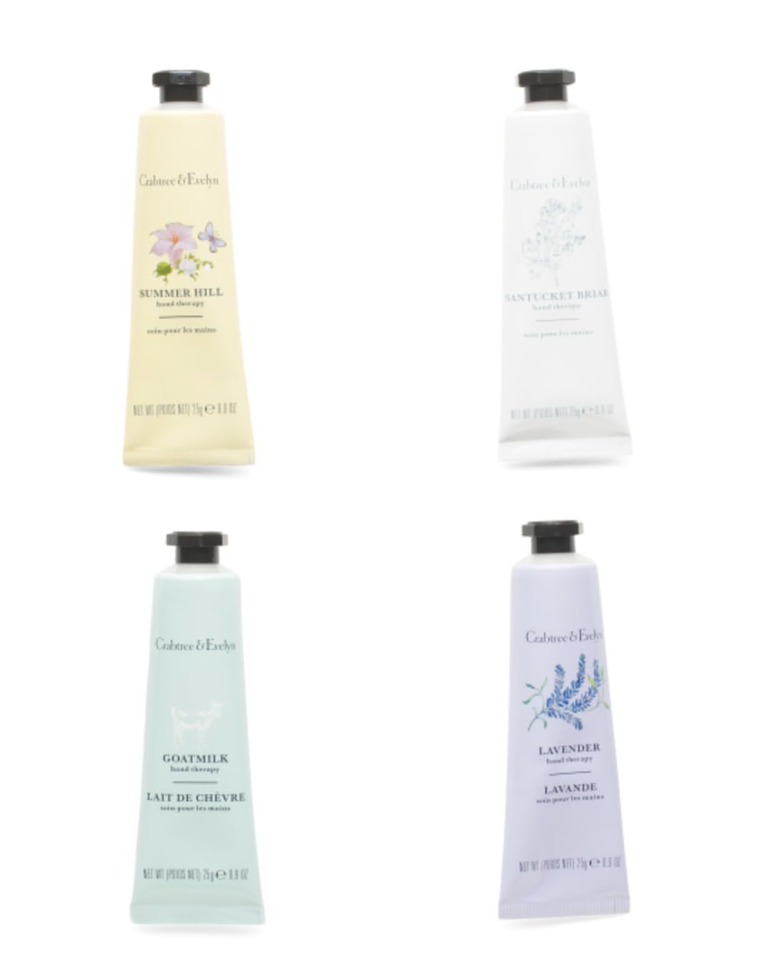 Crabtree & Evelyn Hand Therapy 4-Pack (0.9 oz Each) (Goatmilk, Summer Hill, Nantucket Briar, Lavender)