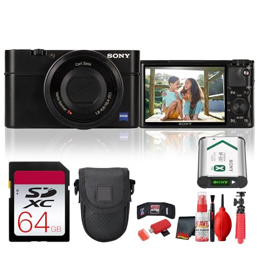 Sony Cyber-Shot DSC-RX100 Compact Digital Camera | 20.2MP 1” Sensor Premium Pocket Camera for Travel, Everyday Photography + 64GB Card + Bag + Flexible Tripod + More (12pc Bundle) (Renewed)