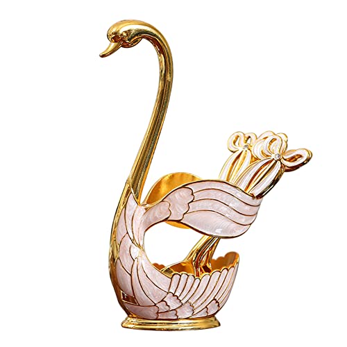 Metal Coffee Dessert Dinner Spoon Set, Metal Swan Base Holder Spoon Organizer with 6PCS Ice Cream Spoons, Luxury Salad Spoon Set