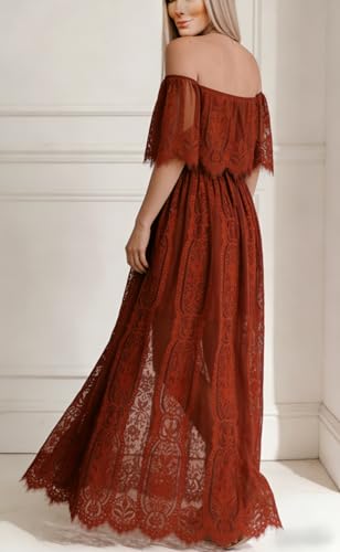 Image of HOYISHION Women's Off The Shoulder Floral Lace Maxi Dress White Bridesmaid Wedding Party Maternity Photoshoot Long Dresses
